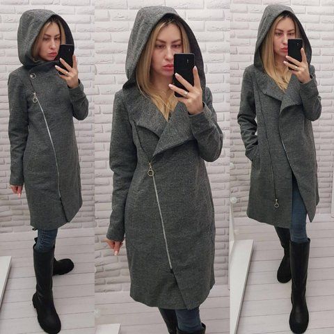 Жіноче пальто з капюшоном кашемірове на блискавці арт. 136 темно-сірий/ сірий 136 фото
