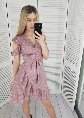 Сукня на запах із рюшами, арт. 484, пудра в білий горох 484 фото